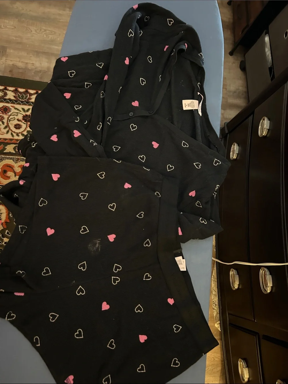 Victoria's Secret Black Pajama Set with Pink and White Heart Print